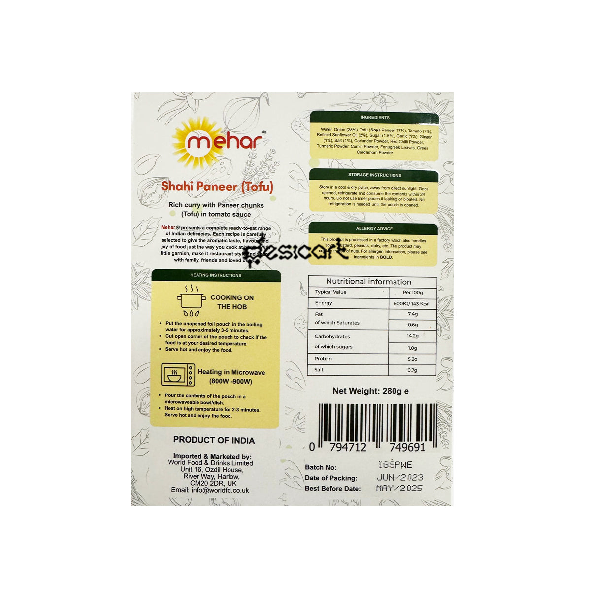 MEHAR RTE - SHAHI PANEER 280G