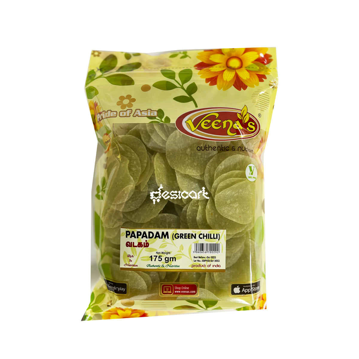 Veena's Papadam Green Chilli 175g