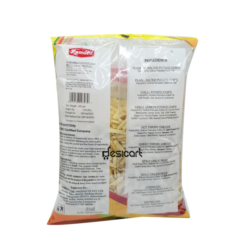 RAMDEV SNACKS PLAIN UNSALTED POTATO CHIPS 200G