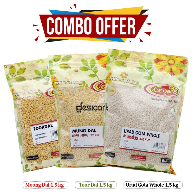 VEENA'S COMBO 1 (Veenas Moong Dal 1.5 kg * 1, Veena's Toor Dal 1.5 kg * 1, Veena's Urad Gota Whole 1.5 kg * 1)