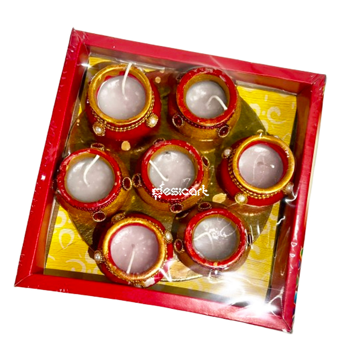 CLAY POT MATKI WAX DIYA (SET OF 7 PIECES-RED & GOLD)