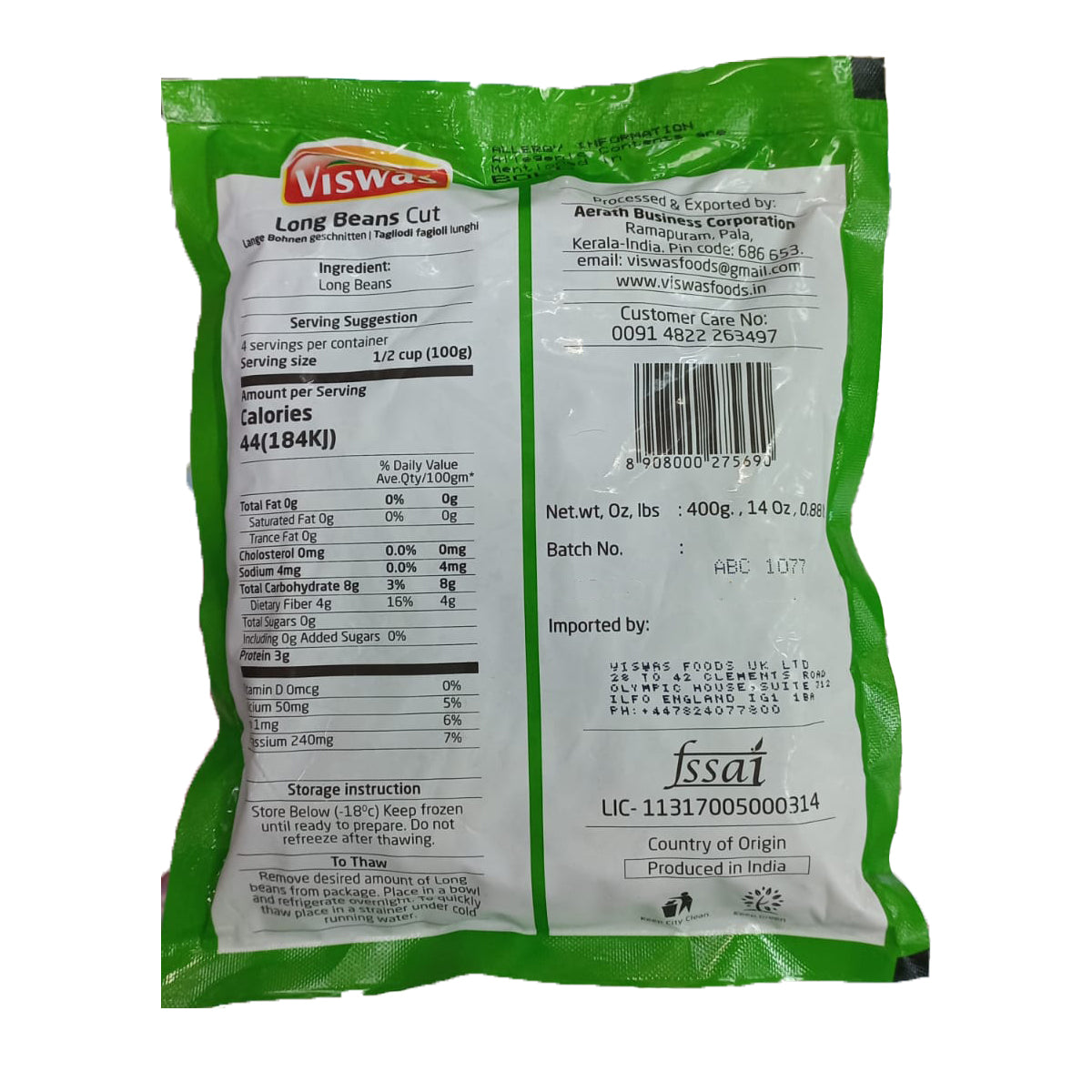 Buy Viswas Long Beans (Cut) 400g at Desicart.co.uk - Online Indian Grocery Store UK